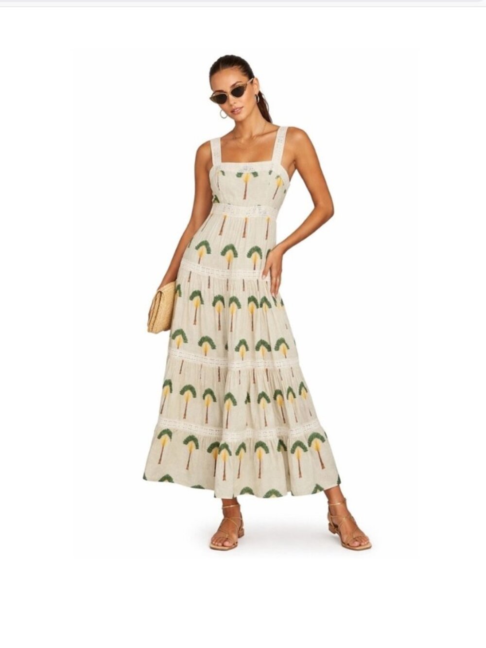 CALYPSO St. Barth Maxi Smocked Cotton Tiered Tropical Palm Dress Size S